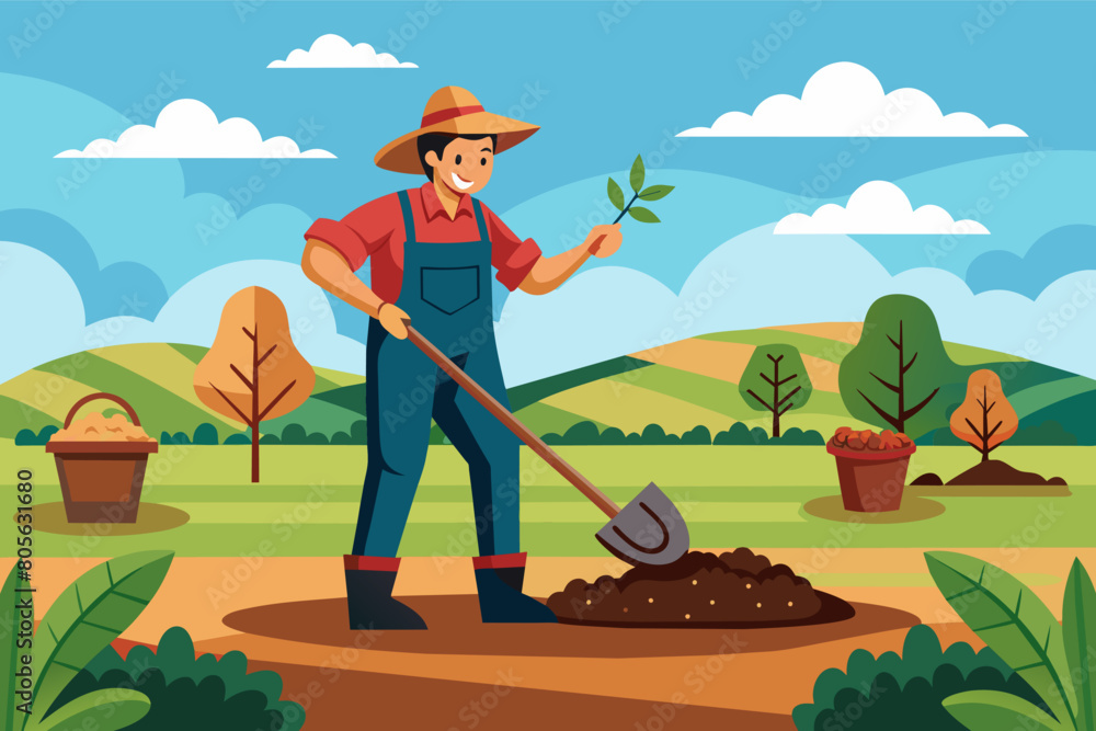 Illustration of a farmer wearing a straw hat and overalls, watering crops in a field with a watering can, with mountains in the background and a small farmhouse in the distance. Illustration of a farmer wearing a straw hat and overalls, watering crops in a field with a watering can, with mountains in the background and a small farmhouse in the distance.