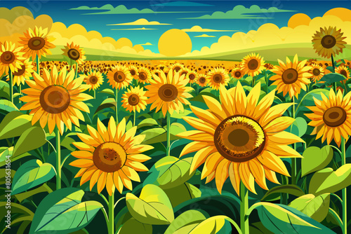 Illustration of a vibrant sunflower field under a sunny sky, with multiple sunflowers in full bloom and hills in the background.