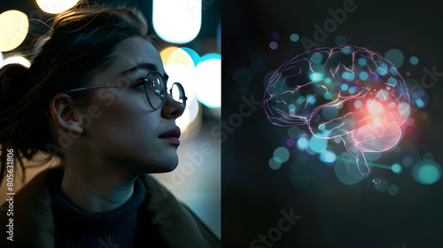 Side view of a blond businesswoman looking at her smartphone screen standing near a dark blue wall. There is a large blue brain hologram around her head. Mock up