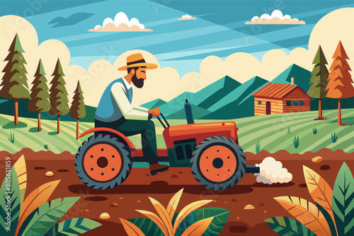 A farmer in overalls and a hat is driving a green tractor through a field with brown soil and green crops, against a background of mountains and trees under a blue sky with clouds.