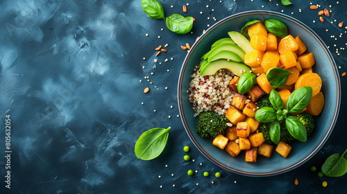A colorful bowl filled with quinoa, sweet potato cubes, sliced avocado, broccoli, and garnished with fresh basil leaves on a dark background - Generative AI photo