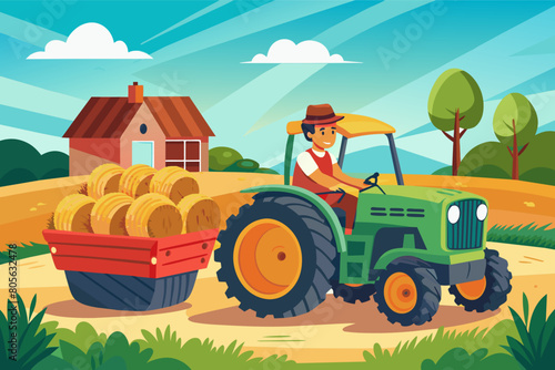 Illustration of a farmer driving a green tractor pulling a trailer with hay bales in a field, a barn and trees in the background under a sunny sky.