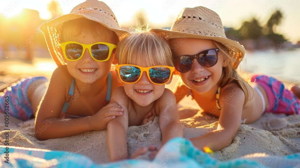 Three children with sunglasses and straw hats on the beach at sunset. Joyful summer beach portrait.