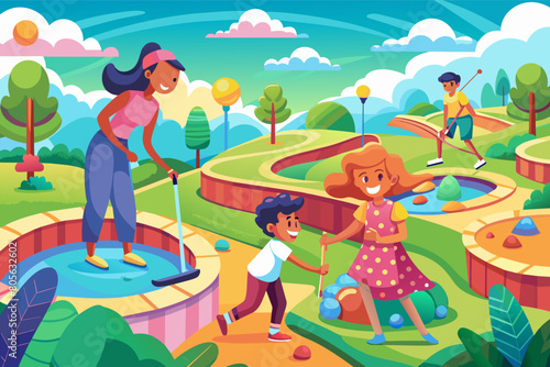 Illustration of diverse children and an adult playing mini golf on a colorful, sunny day with winding paths and trees in a park setting.