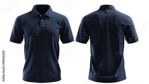 Blank navy blue front and back polo T-Shirt Mockup template isolated on white background, polo shirt design presentation for print.	