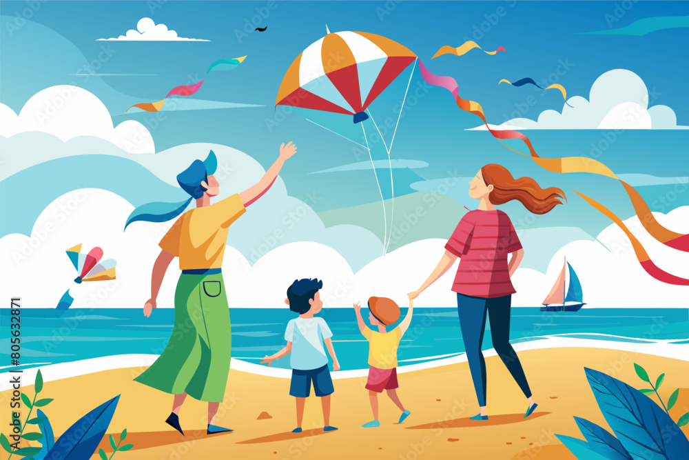 Obraz premium A colorful illustration of a family flying kites on a beach, featuring two adults and two children, with vibrant kites in the sky and a scenic ocean and hills in the background.
