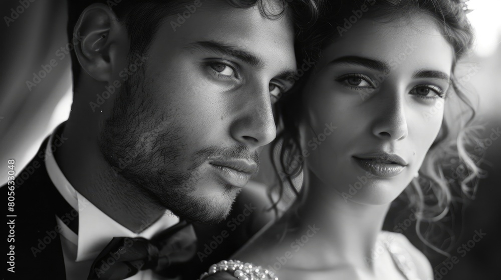 elegant young couple posing, (b&w), close-up