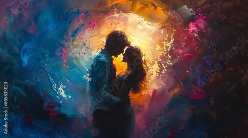 Craft a captivating oil painting depicting a couple lost in a romantic embrace within a virtual reality world Emphasize the contrast between the virtual and real world with vibrant colors and ethereal #805633023