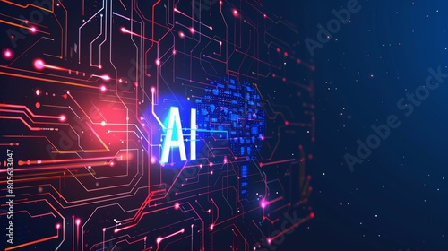 AI text illuminated on a neon circuit board design. Technology network theme.
