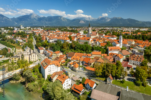 Aerial view of the Kranj town with mountain range at background, Slovenia. photo