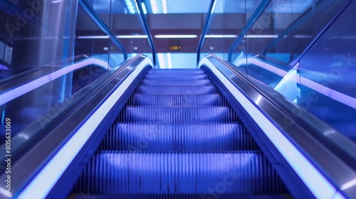 Modern blue escalator in motion at a futuristic designed metro station. Urban transport concept.