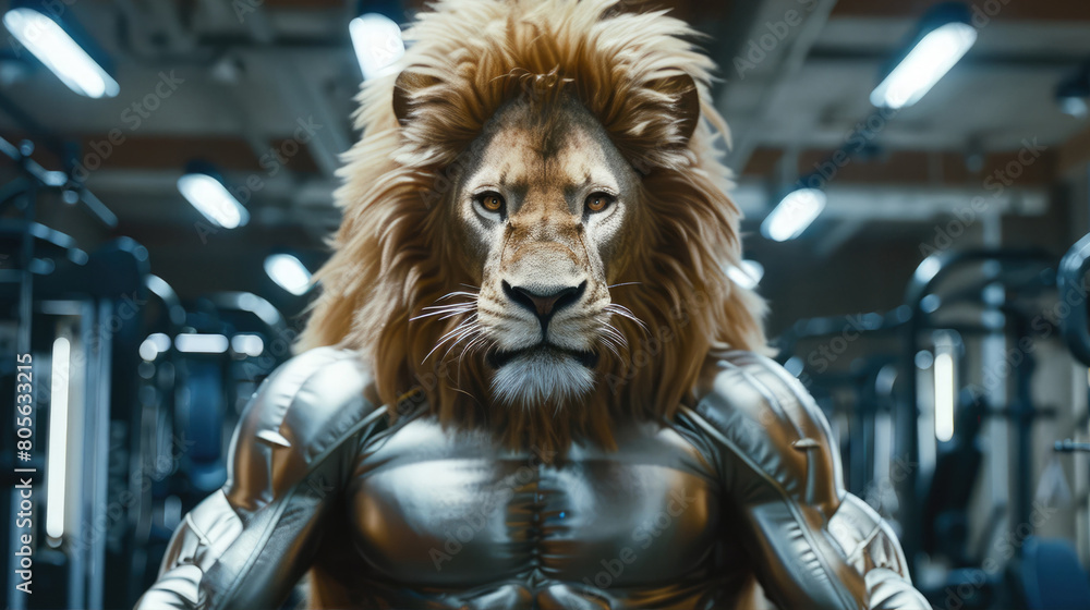 A muscular lion is standing in a gym surrounded by metal equipment A muscular lion is standing in a gym surrounded by metal equipment
