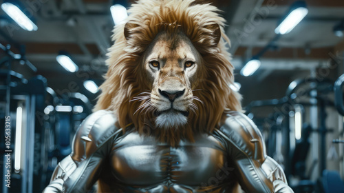 A muscular lion is standing in a gym surrounded by metal equipment