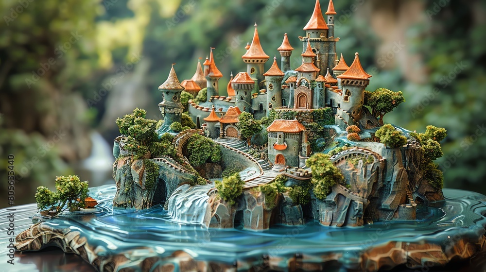 Fototapeta premium Transform the concept of aerial view fantasy worlds into a mesmerizing clay sculpture Shape intricate landscapes, towering castles, and mystical creatures to create a unique and captivating centerpiec