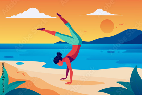 A person practicing yoga on a sandy beach, performing a side plank with one arm supporting their body and the other arm extended upwards, their legs stacked and held straight in the air