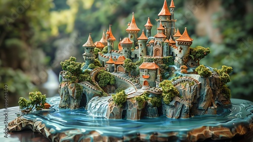 Transform the concept of aerial view fantasy worlds into a mesmerizing clay sculpture Shape intricate landscapes, towering castles, and mystical creatures to create a unique and captivating centerpiec photo