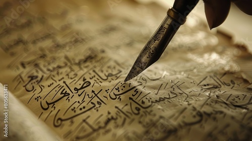 Macro photograph of a calligrapher's hand writing Arabic script with an ornate pen on parchment. photo