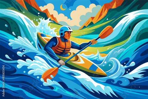 Illustration of a person kayaking through turbulent blue and white waves, wearing a blue helmet and orange life jacket, with distant mountains under a partly cloudy sky.