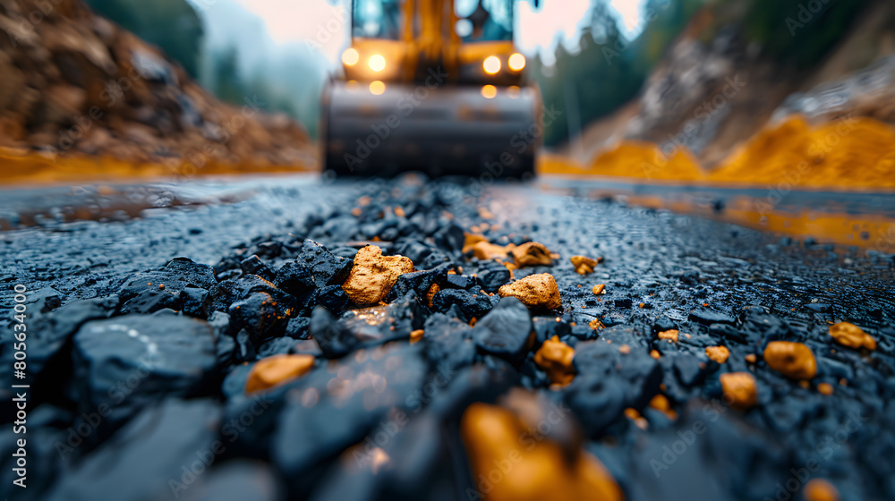Fototapeta premium Construction site is laying new asphalt road pavement,road construction workers and road construction machinery scene.highway construction site landscape.
