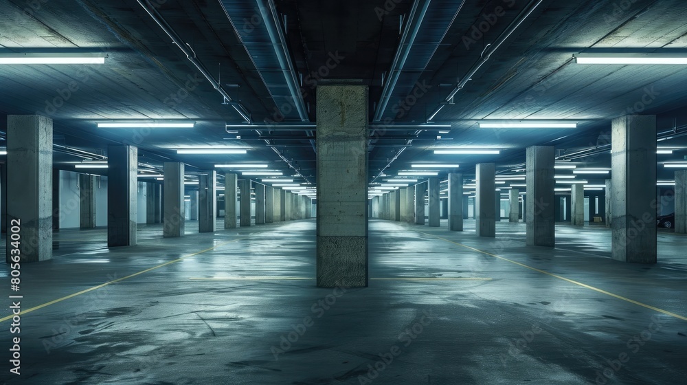 Empty underground parking lot or garage interior with concrete columns