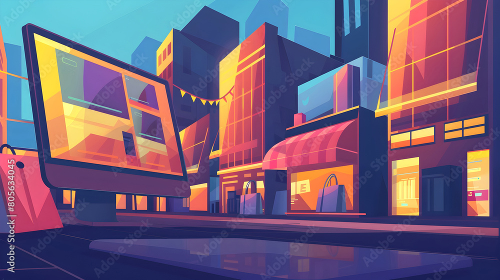Vibrant Cityscape with Neon Lit Storefronts and Lively Atmosphere
