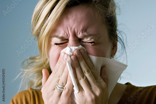 blonde woman sneezing into tissue with intense facial expression photo