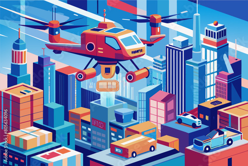 illustration of futuristic cityscape with towering skyscrapers transport in helicopter and drones © SaroStock