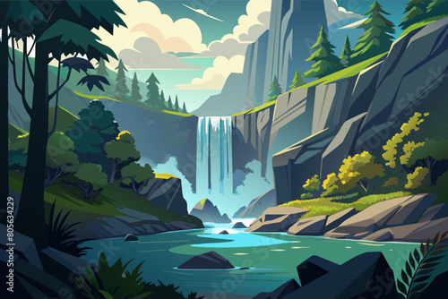 Serene waterfall cascading down mossy rocks illustration