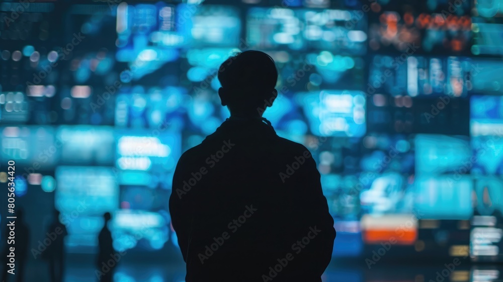 Enigmatic Programmer: Silhouette against Data Screens