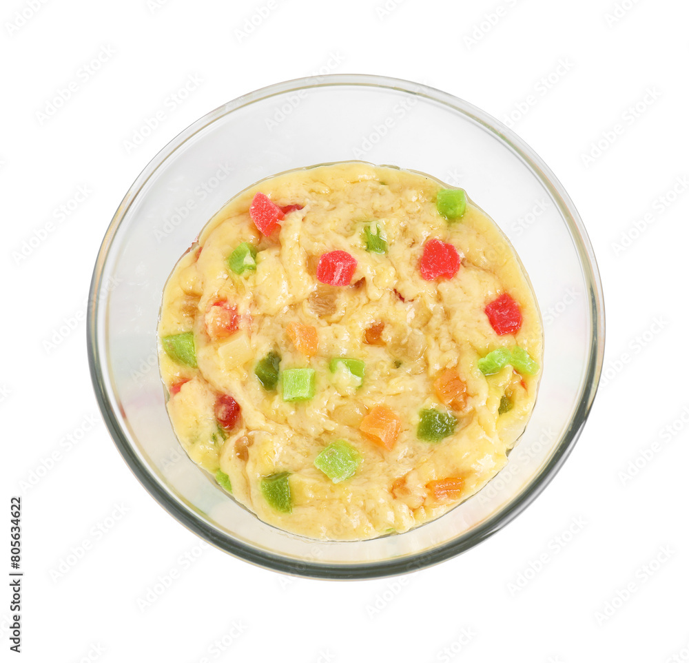 Raw dough with candied fruits in bowl isolated on white, top view Raw dough with candied fruits in bowl isolated on white, top view