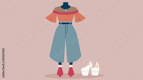 A modern and chic outfit featuring a thrifted offtheshoulder top highwaisted culottes and metallic mules.. Vector illustration