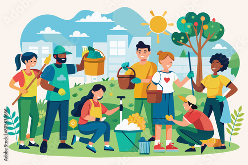 Colorful vector illustration of a group of diverse people cleaning park, and working together to clean the city