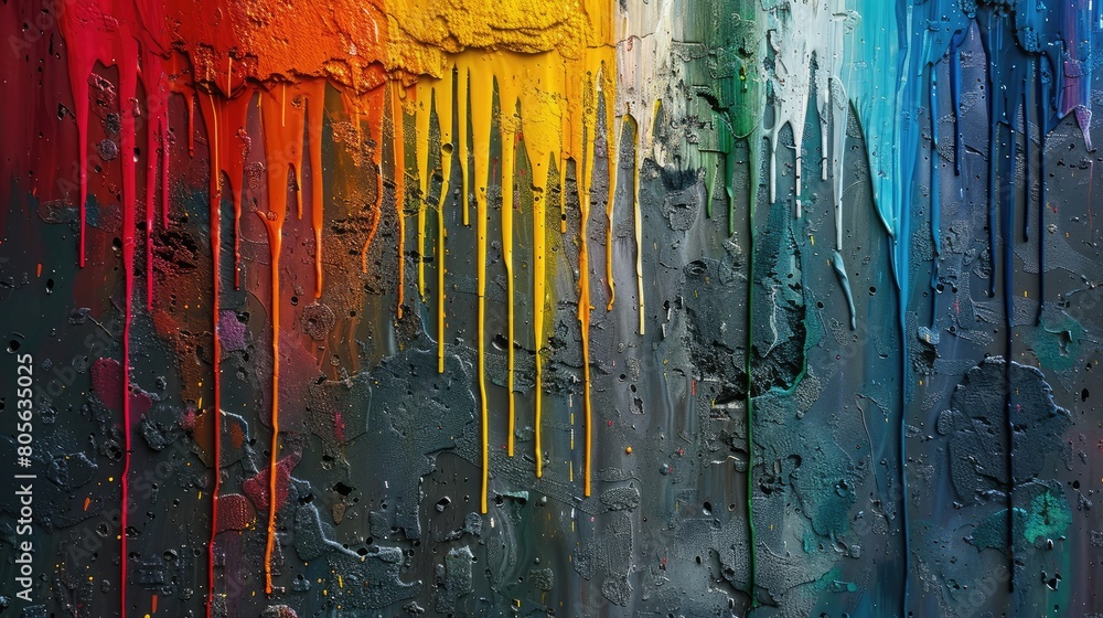 It is a photo of a wall with rainbow-colored paint dripping down it