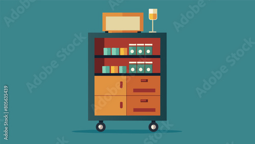 An old metal filing cabinet repurposed into a chic and functional bar cart complete with shelves for storage and wheels for easy mobility.. Vector illustration