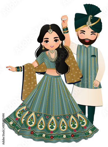 Cute couple  dance in traditional indian dress cartoon characters bride and groom