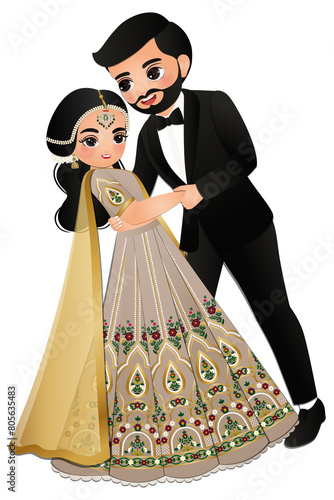 Cute couple  dance in traditional indian dress cartoon characters bride and groom