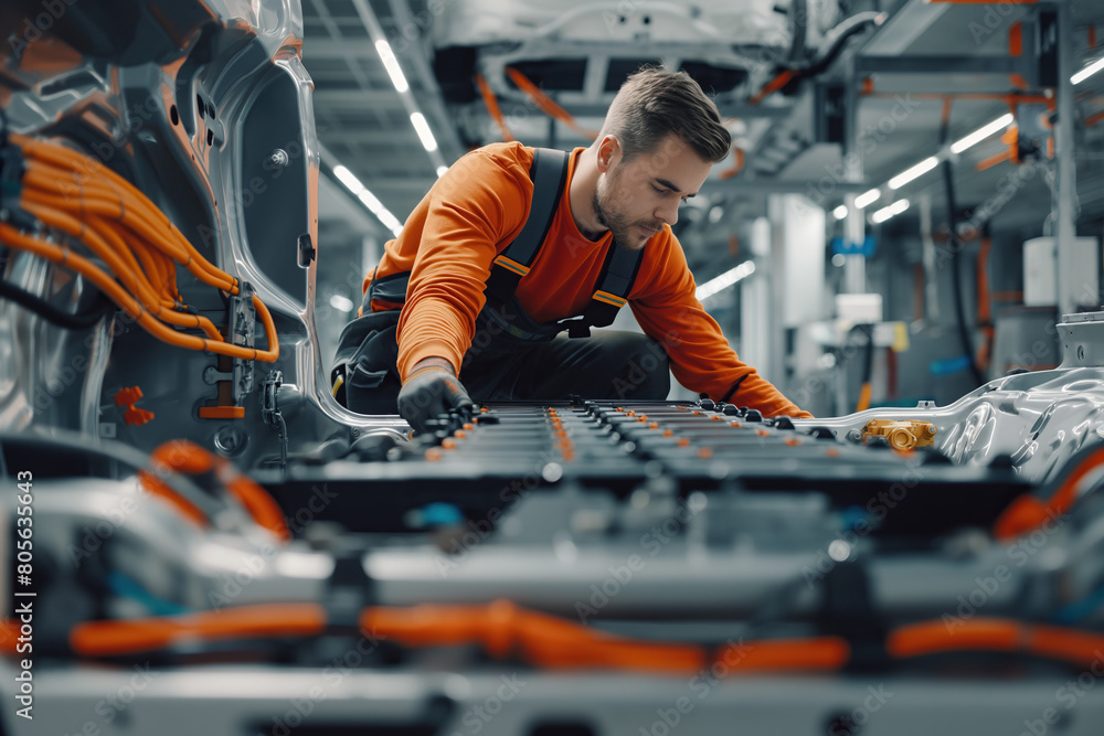 Obraz premium Electric Vehicle Mechanic Adjusting Battery Installation