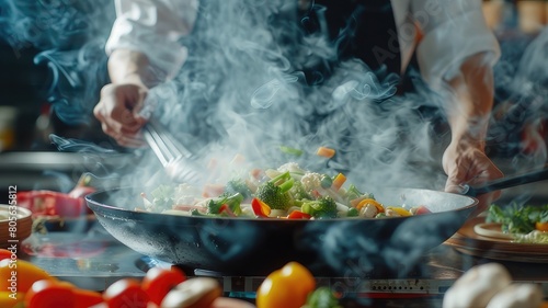 Culinary Delight Chef Prepares Colorful Stir-Fry with Fresh Vegetables in Steaming Wok, Showcasing Asian Cuisine Mastery
