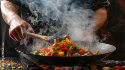 Culinary Delight Chef Prepares Colorful Stir-Fry with Fresh Vegetables in Steaming Wok, Showcasing Asian Cuisine Mastery 