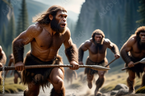 A crowd of warlike Neanderthals on the hunt, running with spears for prey. photo