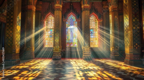 Transcendent Beauty Sun Rays Through Stained Glass Windows Create Mesmerizing Patterns Inside Serene Temple