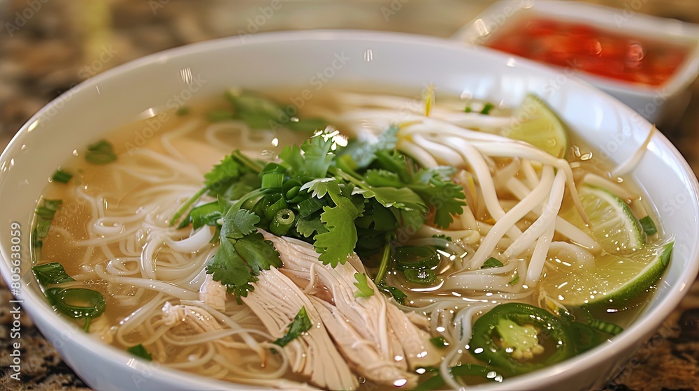 Chicken Pho: Traditional Vietnamese chicken pho with rice noodles, tender chicken slices, and aromatic herbs. Chicken Pho: Traditional Vietnamese chicken pho with rice noodles, tender chicken slices, and aromatic herbs.