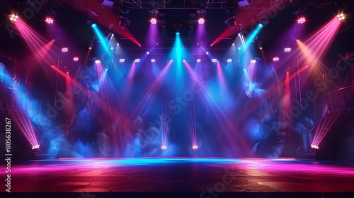 Concert Stage: Vibrant lights illuminating a dynamic stage set for an electrifying performance.
