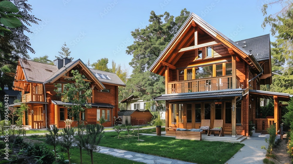 Country Style Duplex Home: Charming two-story timber houses evoking a sense of idyllic rural living. Country Style Duplex Home: Charming two-story timber houses evoking a sense of idyllic rural living.