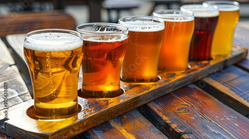 Craft Beer Tasting: Diverse selection of artisanal brews on a rustic wooden table.