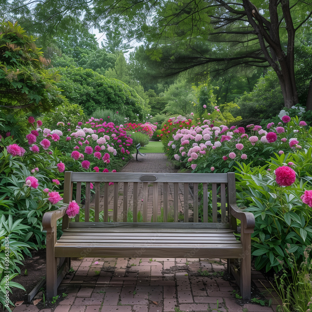 Fototapeta premium Serene Peony Garden with Welcoming Bench Pathway