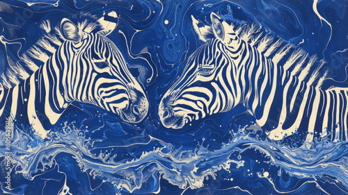 Two zebras are in the water  one is looking at the other