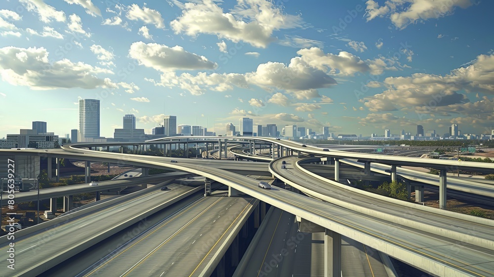 Expressway Infrastructure: Elevated highway system with multiple lanes for efficient traffic flow. Expressway Infrastructure: Elevated highway system with multiple lanes for efficient traffic flow.