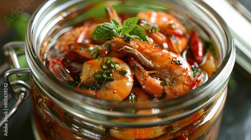 Exquisite Flavor: Jar of pickled shrimp marinating in savory fish sauce, a flavorful Thai culinary creation.