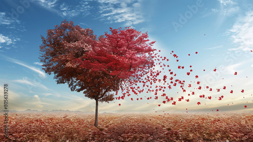 a tree with heart shape tree top, autumn leaves. Concept of seasonal love. Love fades away.